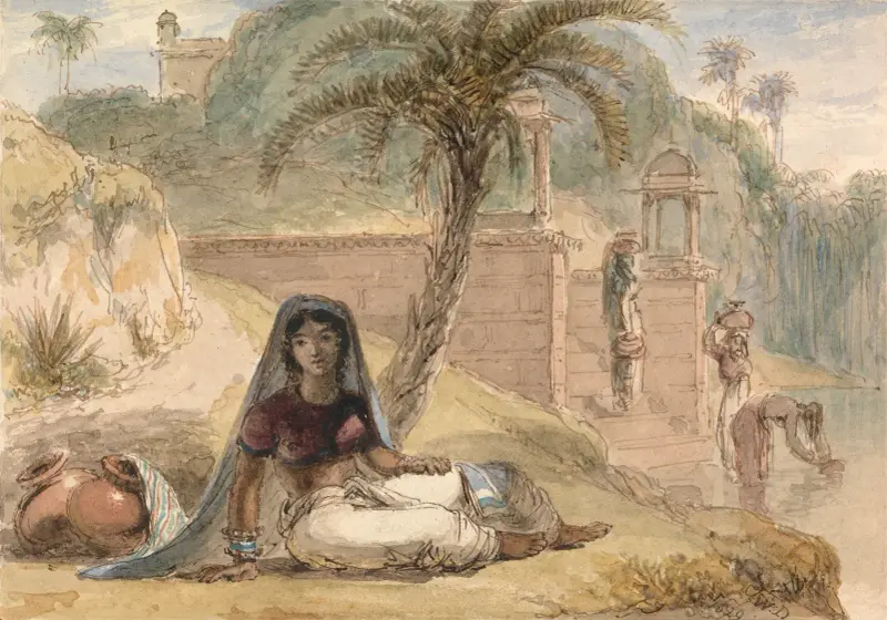 Indian Girl Seated by a River av William Daniell