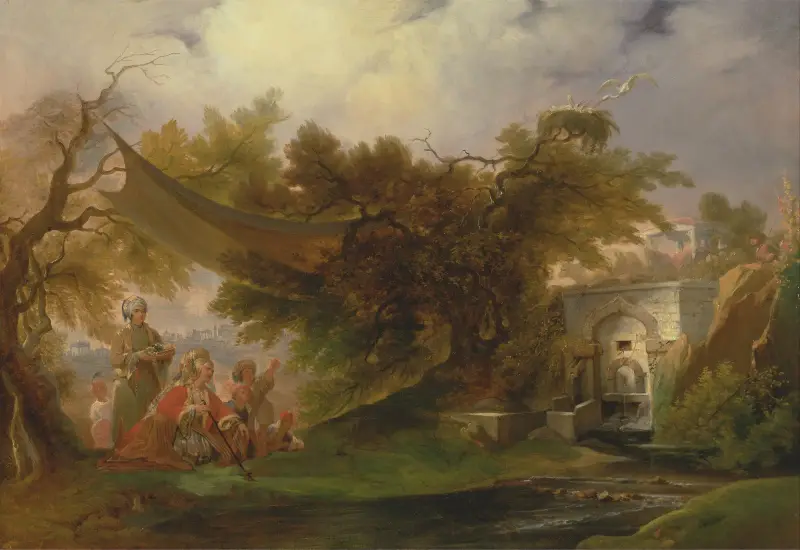 Indian Landscape with Figures near a Stream av William Daniell
