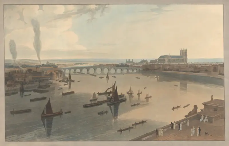 Westminster Bridge och Westminster Abbey av William Daniell