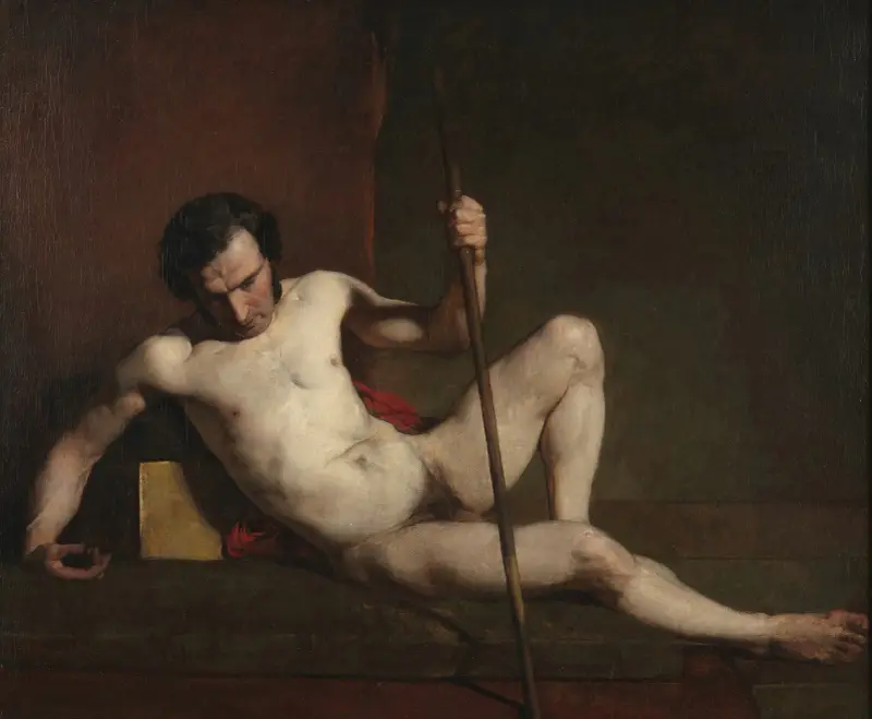 Manlig nakenstudie lutad mot stav av William Etty