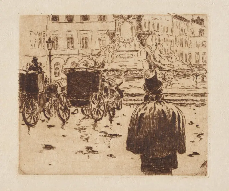 Brussels stadsplein met koetsen en personages av Alfred William Finch