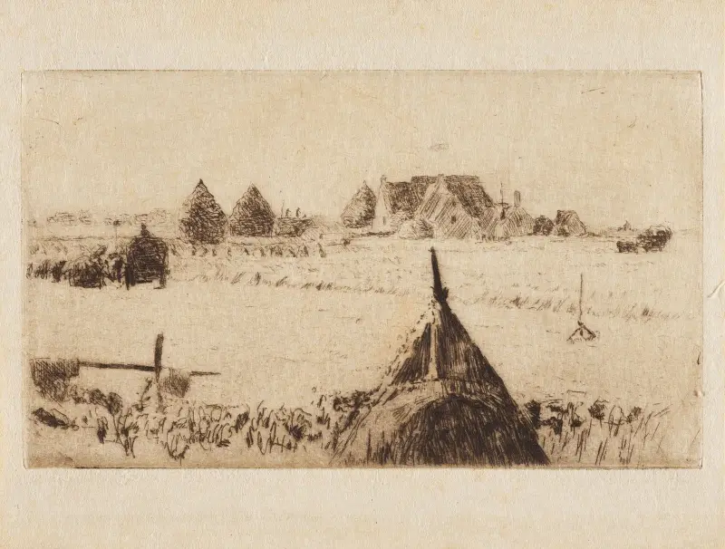 Landschap met hooimijten av Alfred William Finch