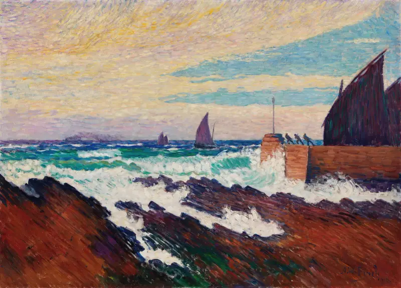 Rosehearty pier (Roseheartyn aallonmurtaja) av Alfred William Finch