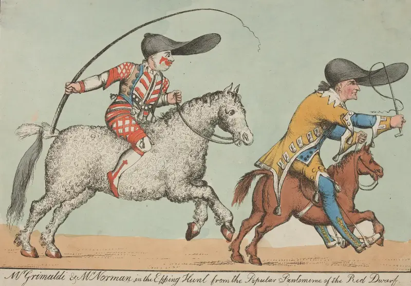 Mr. Grimaldi and Mr. Norman in the Epping Hunt, from the popular pantomime of the Red Dwarf av William Heath