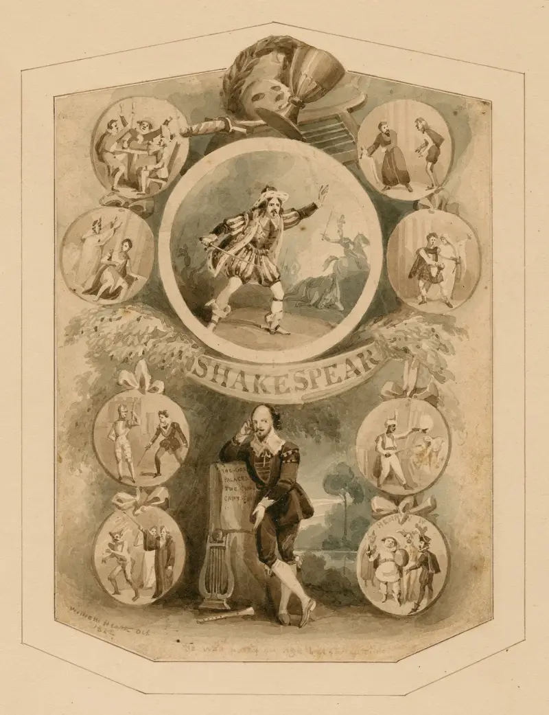 Porträtt av Shakespeare, omgiven av karaktärer från hans pjäser av William Heath