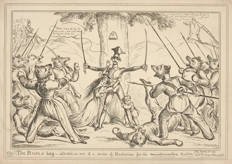 The bears at bay – intended as one of a series of illustrations for the nonintervention system. av William Heath