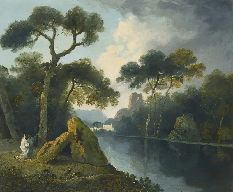 A River Landscape With Monks Conversing By A Pair Of Megaliths, With Ruins Beyond av William Hodges