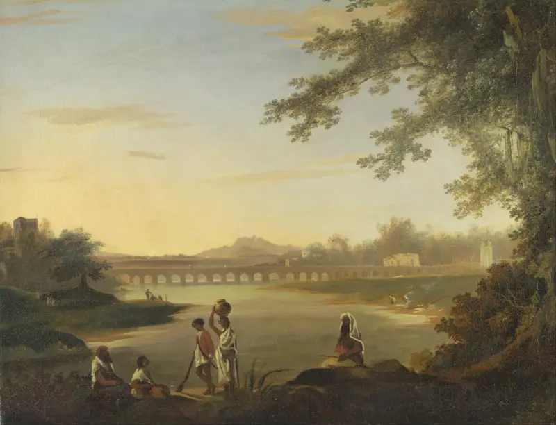 The Marmalong Bridge, with a Sepoy and Natives in the Foreground av William Hodges