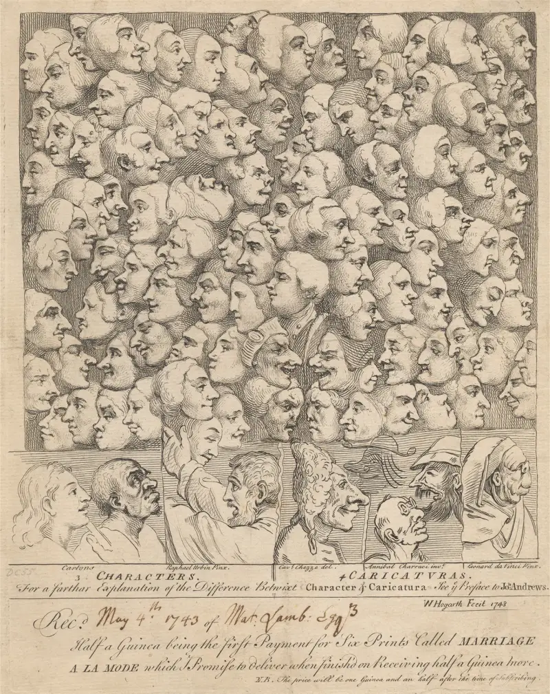 Figuren und Karikaturen; Abonnementkarte für ‚Marriage à la Mode‘ von William Hogarth