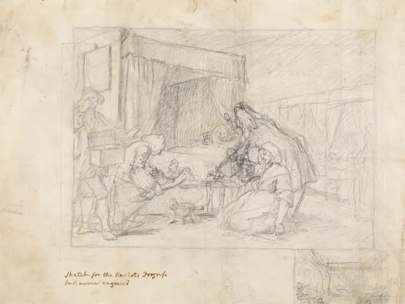 Operationsscen på ett sjukhus med kompletterande skisser i marginalen nedre till höger av William Hogarth