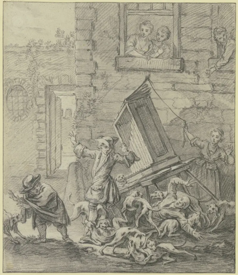 Orgelleute werden von beißenden Hunden über den Haufen geworfen av William Hogarth