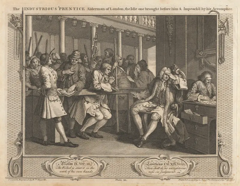 Tafel 10: Der fleißige Lehrling als Londoner Bürgermeister, der faule wird vor ihn gebracht und von seinem Komplizen angeklagt von William Hogarth