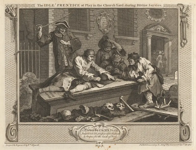 Platta 3, Den late lärlingen leker på kyrkogården under gudstjänsten av William Hogarth