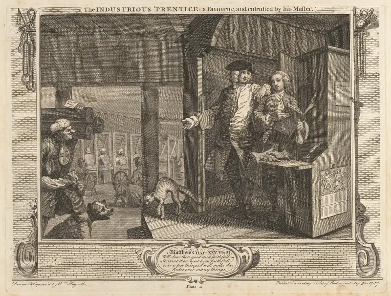 Plansch 4, Den flitige lärlingen blir favorit och får sin mästares förtroende av William Hogarth