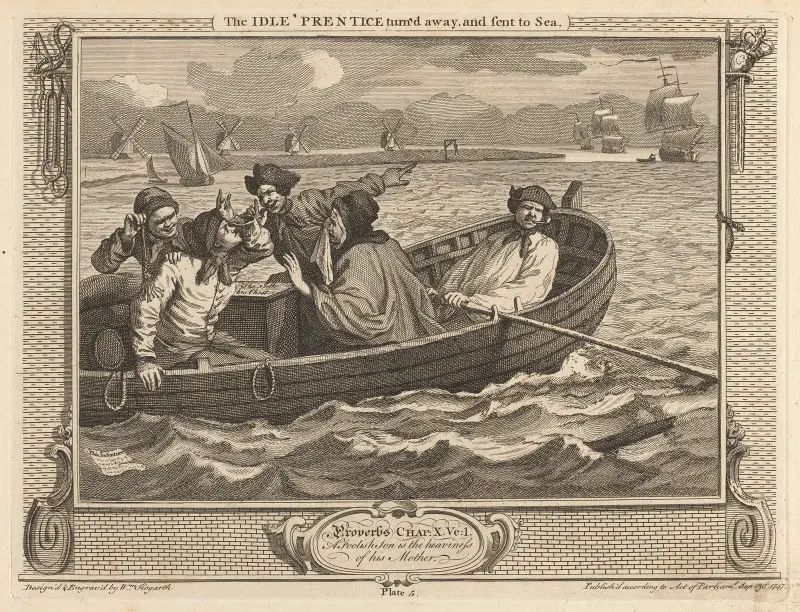 Plansch 5, Den late lärlingen avvisas och sänds till sjöss av William Hogarth