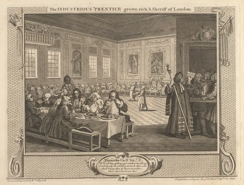 Plansch 8, Den flitige lärlingen blir rik och sheriff i London av William Hogarth