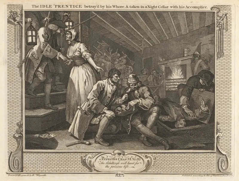 Blad 9, Den late lärlingen förrådd av sin hora och gripen i en nattkällare med sin medbrottsling av William Hogarth