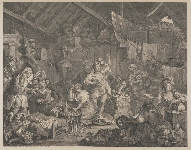 Umherziehende Schauspielerinnen beim Ankleiden in einer Scheune von William Hogarth