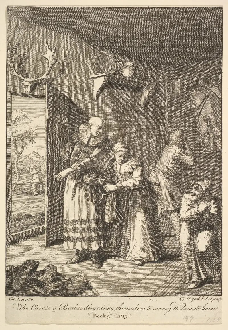 Kyrkoherden och barberaren som klär ut sig för att föra Don Quijote hem av William Hogarth