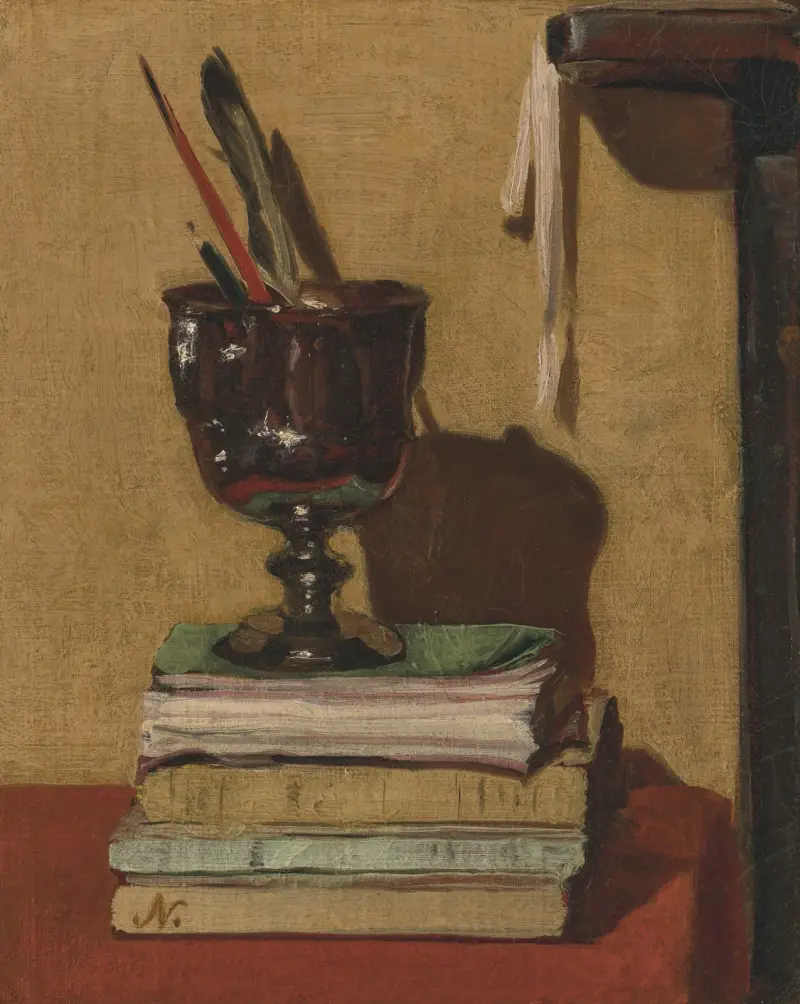 Vas och böcker på ett rött bord av William Nicholson