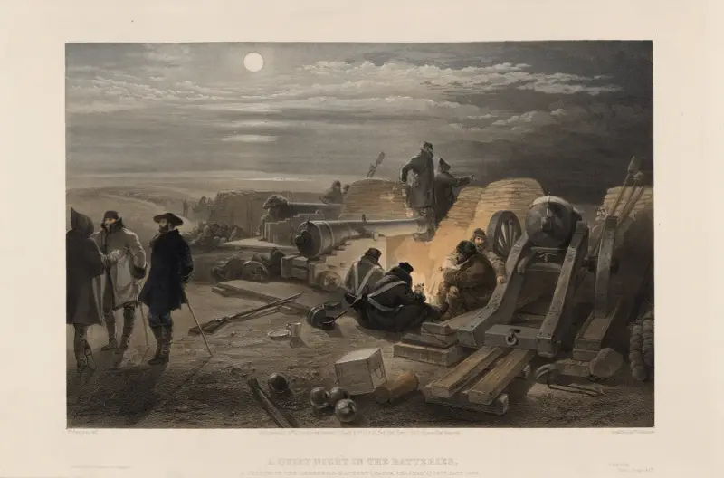 En tyst natt i batterierna – en skiss från Greenhillbatteriet (Major Chapmans), 29 januari 1855 av William Simpson