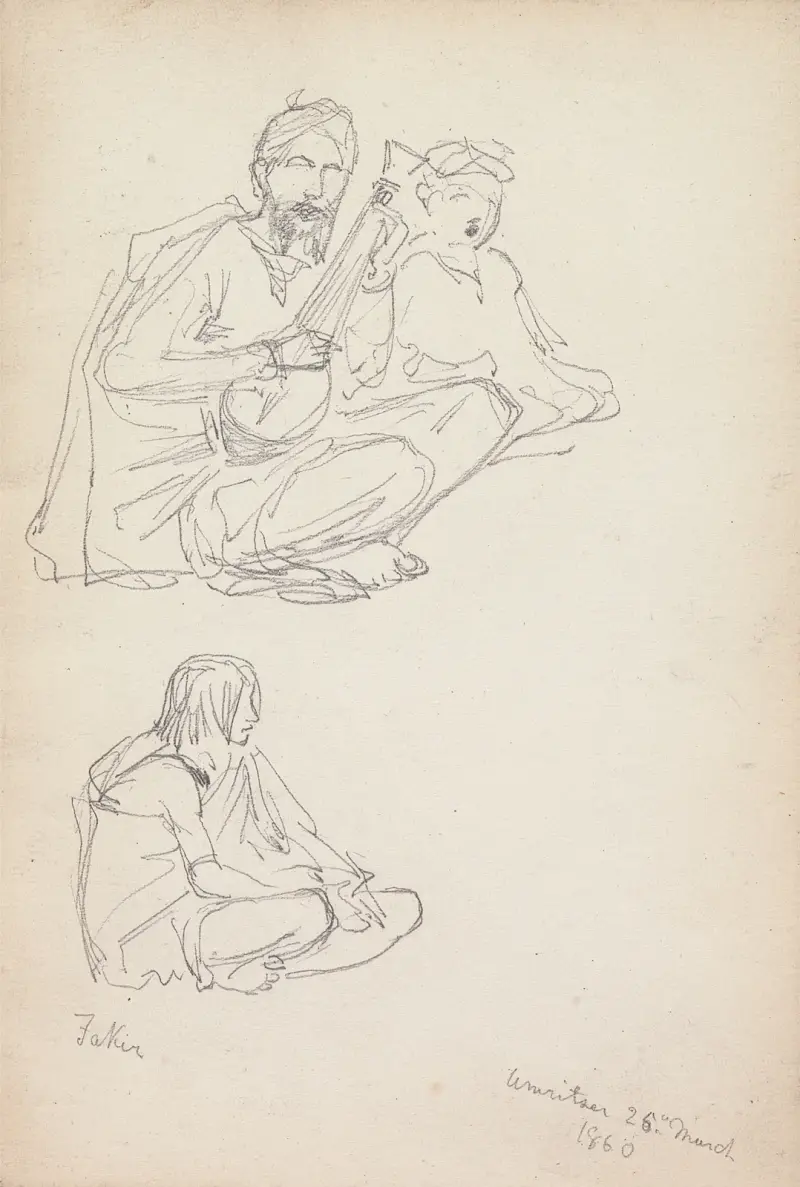 Musicians and a Fakir, Amritsar, 25 March 1860 av William Simpson