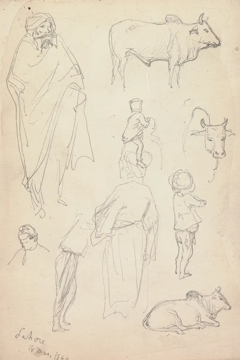 Sketches of Standing Figures and Bulls, Lahore av William Simpson