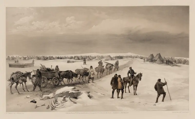 The camp of the 1st Division, looking north towards the camp of the 2nd Division – the heights of Inkermann in the distance av William Simpson