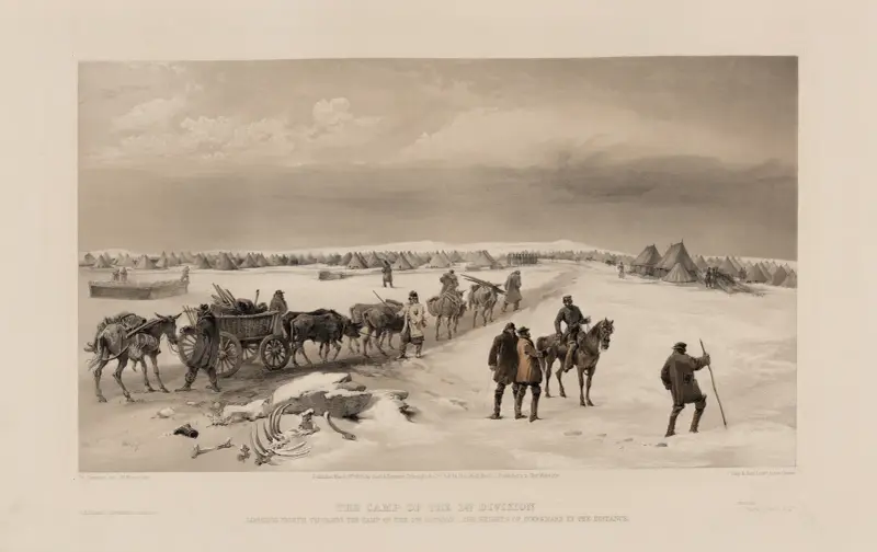 The camp of the 1st Division, looking north towards the camp of the 2nd Division – the heights of Inkermann in the distance av William Simpson