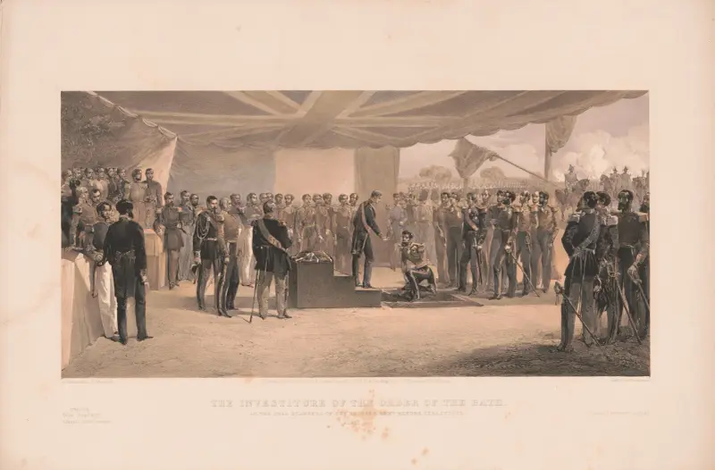 The investiture of the Order of the Bath. At the head quarters of the British army before Sebastopol, 1856 av William Simpson
