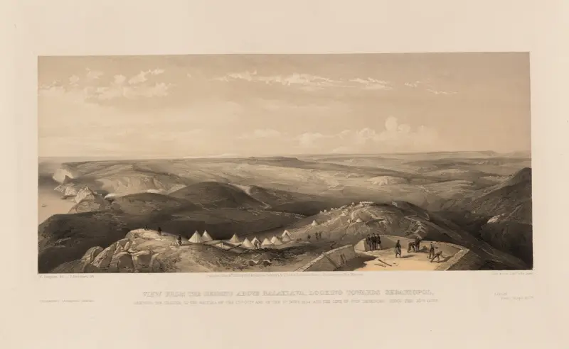 Widok ze wzgórz nad Bałakławą w kierunku Sewastopola, ukazujący pola bitew z 25 października i 5 listopada 1854 roku, William Simpson