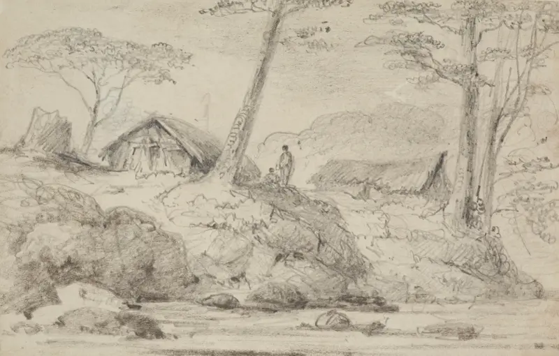 Huts at the Mangaroa Bridge av William Swainson