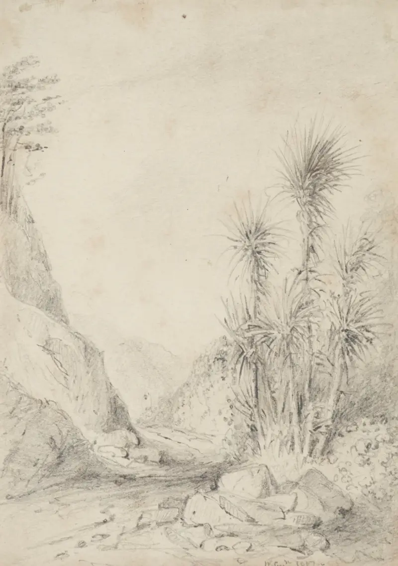 Termination of the second gorge,looking back, Upper Hutt av William Swainson