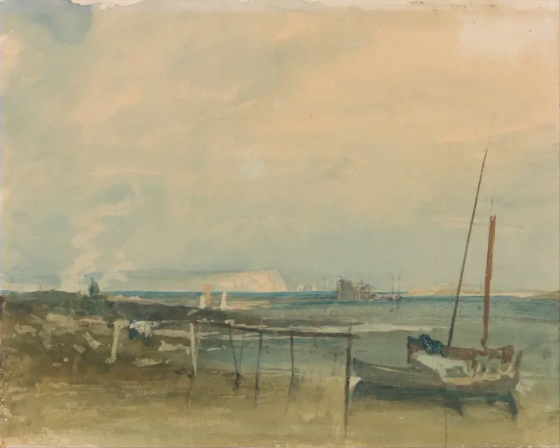 Coast Scene with White Cliffs and Boats on Shore av Joseph Mallord William Turner