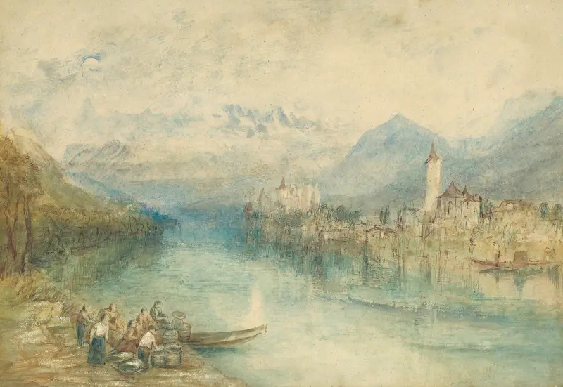 Looking towards Lake Thun, from opposite Scherzligen, with Schloss Schadau and the Niesen in the distance, Switzerland av Joseph Mallord William Turner