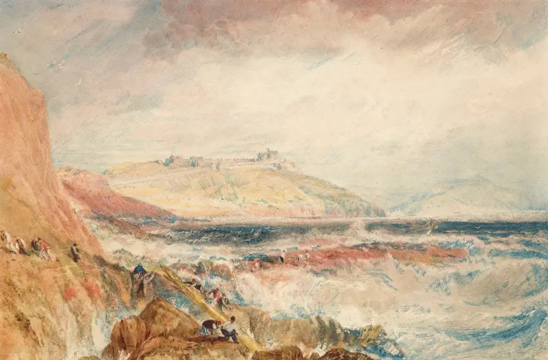 Pendennis Castle och inloppet till Falmouths hamn, Cornwall; scen efter ett skeppsbrott av Joseph Mallord William Turner
