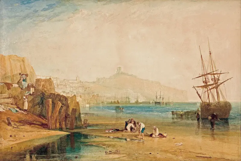 Scarborough town and castle; morning; boys catching crabs av Joseph Mallord William Turner