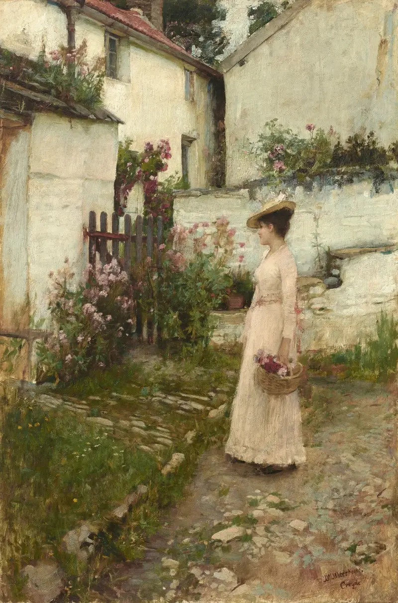 Gathering Flowers in a Devonshire Garden av John William Waterhouse