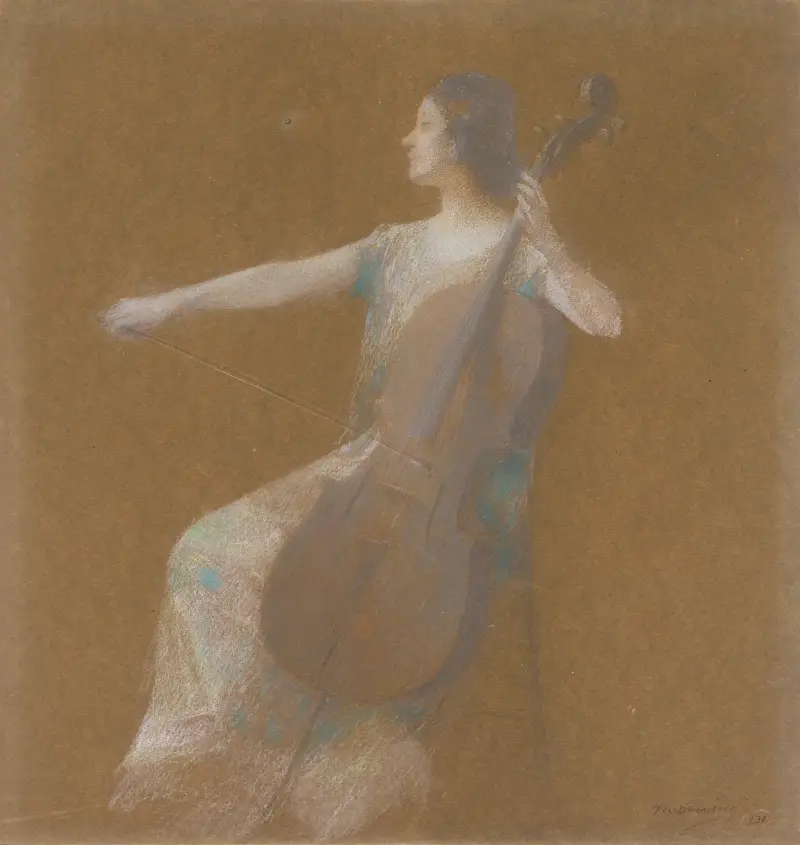 Mädchen mit Cello von Thomas Wilmer Dewing
