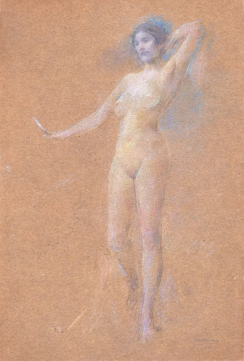 Stående naken flickfigur av Thomas Wilmer Dewing