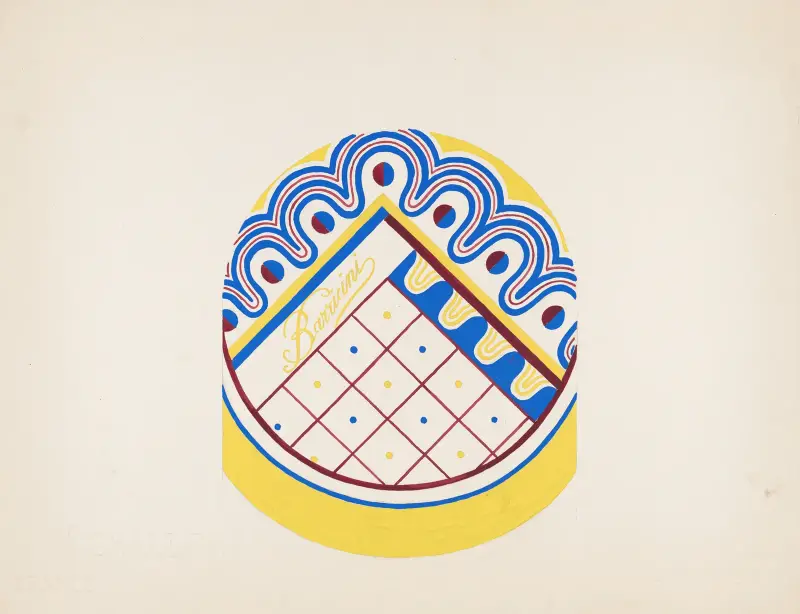 3-D Study for circular box with grid and dotted wavy border in blue, red and green av Winold Reiss