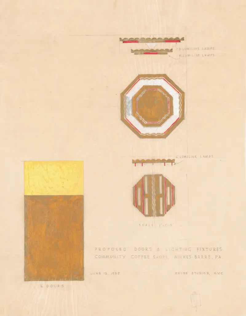 Design drawings for Community Coffee Shops, Wilkes-Barre, PA.] [Proposed doors and lighting fixtures, Lumiline light fixture and door, elevations and plan av Winold Reiss