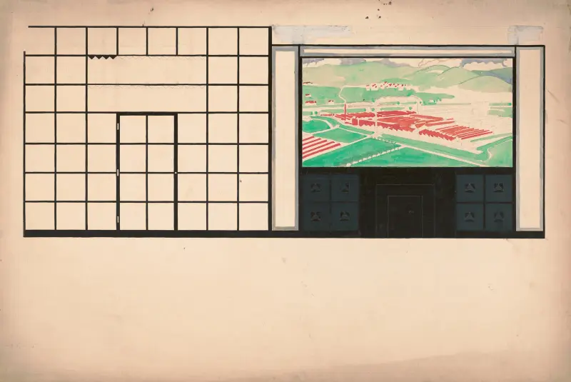 Design drawings for Mercedes Motors Showroom] [Study of interior elevation with mural av Winold Reiss