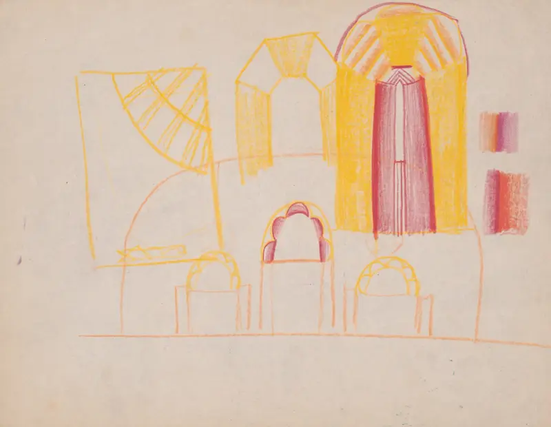 Design drawings for miscellaneous interiors, some possibly related to the Hotel St. George, New York, NY. Sketch for miscellaneous interior av Winold Reiss
