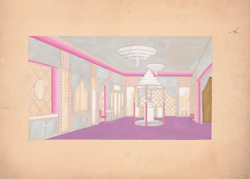 [Design for the Lentheric Salon, Fifth Ave. & 58th St., Savoy-Plaza Hotel, New York, NY.] [Perspective rendering av Winold Reiss