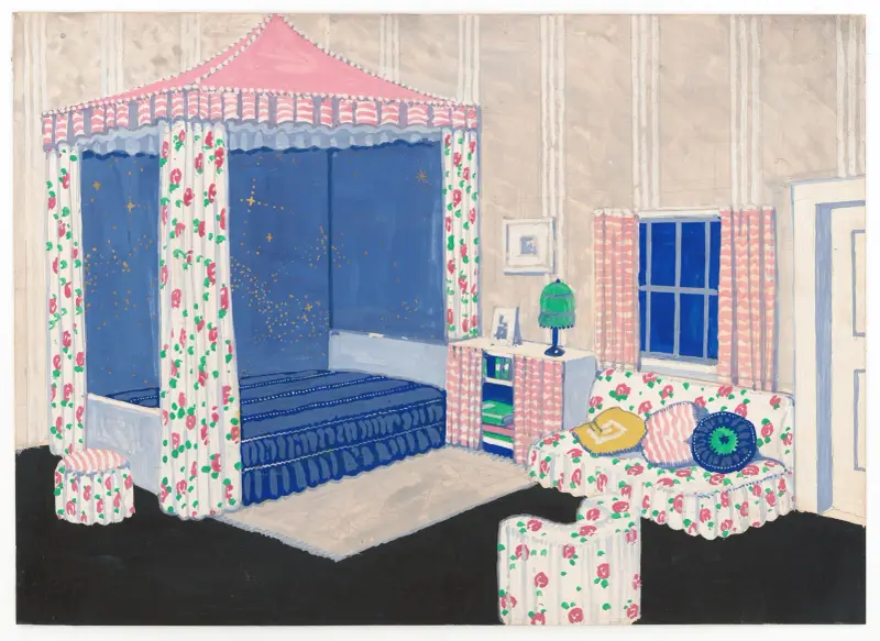 Design for unidentified bedroom with canopy bed.] [Interior perspective elevation av Winold Reiss
