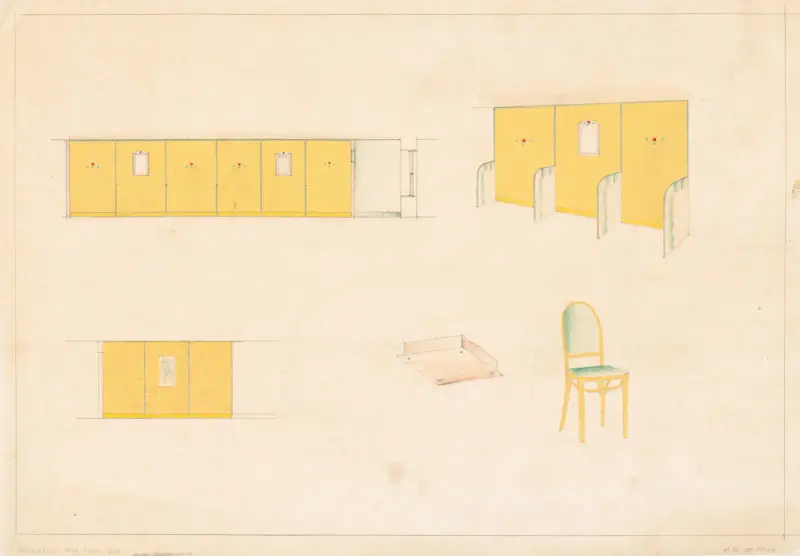 Design for unidentified caf ̌with green and yellow trim.] [Design with tulip stencils, upholstered bentwood chair in green and yellow color scheme av Winold Reiss