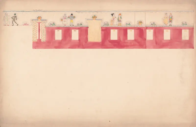 Design for unidentified commercial interior, possibly restaurant or bakery. Elevation with frieze of paired figures av Winold Reiss