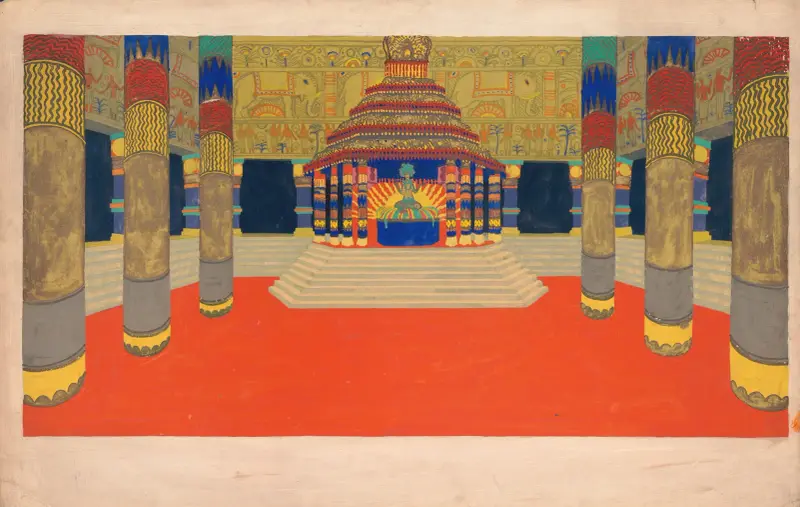 Design for unidentified interior.] [Drawing of columned hall with altar on a stepped plinth and decorative frieze featuring elephants av Winold Reiss