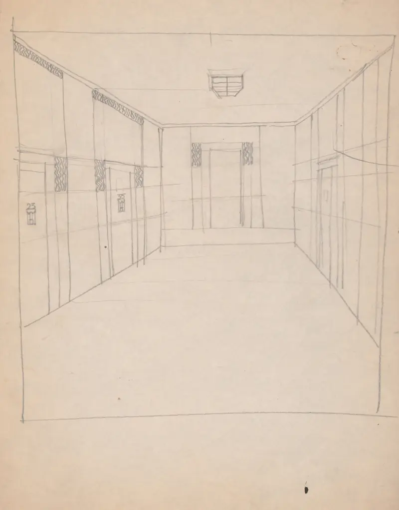 Designskisser för Hotel Alamac, 71st and Broadway, New York, NY. Plan av hallway av Winold Reiss